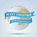Merry Christmas, earth icon with red ribbon around it, hollyday decoration on winter background. Greeting card, brochure