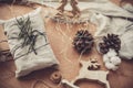 Merry Christmas, eco concept. Stylish rustic gift wrapped in lin