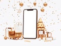 Merry Christmas elegant banner with mobile phone blank screen mockup and golden stuff on a white background in 3D rendering. Royalty Free Stock Photo