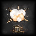 Merry Christmas Elegant Card with Xmas Balls and Confetti. Festive Decoration in White and Gold Colors with Glitter Royalty Free Stock Photo