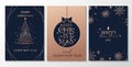 Merry Christmas elegant greeting card set. Navy and rose gold New Year backgrounds