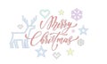 Merry Christmas embroidery font and decorations for holiday greeting card design. Vector Christmas knitted calligraphy text, New Y