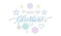 Merry Christmas embroidery font and decorations for holiday greeting card design. Vector Christmas knitted calligraphy text, New Y