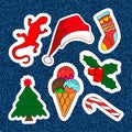 Merry Christmas embroidery patches. Candy, Santa Claus, tree, candy. Set of Happy New Year stickers, pins, magnets in