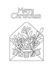 Merry Christmas envelope coloring page. Black and white letter, candy cane, berries. Vector