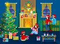 Merry Christmas Eve. Happy Family in Home Interior with Christmas Tree, Fireplace and Gifts Royalty Free Stock Photo