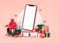 Merry Christmas festive banner with mobile phone mockup blank screen and holiday decoration on a cream background in 3D