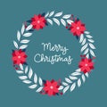 Merry Christmas. Festive Christmas template with poinsettia wreath, twigs and lettering.