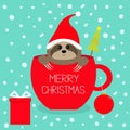 Merry Christmas. Fir tree. Goftbox. Sloth sitting in red coffee cup teacup. Santa hat. Face and hands. Cute cartoon character. Hel Royalty Free Stock Photo