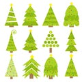 Merry Christmas Fir tree icon set. Round ball light bulb. Yellow star. Cute cartoon green different triangle simple shape form. Royalty Free Stock Photo