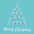 Merry Christmas. Fir tree made from white line leaf, red berry set. Cute cartoon triangle shape form. Happy New Year. Blue