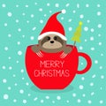 Merry Christmas. Fir tree. Sloth sitting in red coffee cup teacup. Santa hat. Face and hands. Cute cartoon character. Hello winter Royalty Free Stock Photo