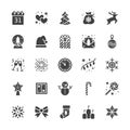 Merry Christmas flat glyph icons. Pine tree, snowflake, bag of presents, party invitation, snowman, lights garlands