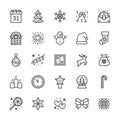 Merry Christmas flat line icons. Pine tree, snowflake, bag of presents, party invitation, snowman, lights garlands