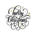 Merry Christmas flourish hand drawn calligraphy lettering on golden snowflake ornament pattern background. Vector swash line typog