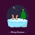 Merry Christmas Font with Cartoon Two Penguins Wear Lighting Garland, Xmas Tree on Snowy and Crescent Moon Purple Royalty Free Stock Photo