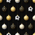 Merry Christmas football seamless pattern. Hang on a thread realistic soccer ball as a Christmas ball on black horizontal Royalty Free Stock Photo