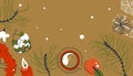 Set of Christmas themed items. Food, drinks, spices, plants, decorations. Isolated festive objects for your design.