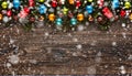 Merry Christmas Frame with Snow and real wood green pine and baubles Royalty Free Stock Photo