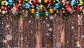 Merry Christmas Frame with Snow and real wood green pine and baubles Royalty Free Stock Photo
