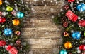 Merry Christmas Frame with Snow and real wood green pine and baubles Royalty Free Stock Photo