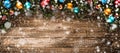 Merry Christmas Frame with Snow and real wood green pine and baubles Royalty Free Stock Photo