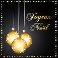 Merry Christmas. French language. Gold and black greeting card. Ornaments with snowflakes. Vector illustration.