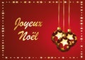 Merry Christmas in french language. Red and gold starry background with christmas baubles. Vector illustration backdrop.