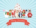 Merry Christmas and friends on retro stripped background vector illustration. Santa and animals friends. Happy bear Royalty Free Stock Photo