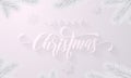 Merry Christmas frost icy calligraphy font and white snow background with frozen ice snowflakes for winter holiday greeting card.