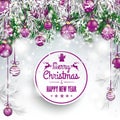 Merry Christmas Frozen Green Twigs Purple Baubles Royalty Free Stock Photo
