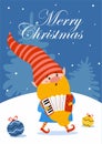 Merry Christmas. Fun holiday card of cute gnome musician. Vector illustration. Can be used for banner, poster, greeting card, post