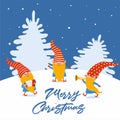 Merry Christmas. Fun holiday card of cute gnome musicians. Vector illustration. Can be used for banner, poster, greeting card, pos