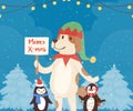 Merry christmas funny dog and penguins in red santa hats in winter Christmas forest, garlands cartoon vector Royalty Free Stock Photo