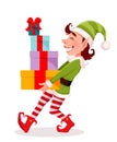 Merry Christmas. Funny Elf carries gift boxes