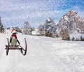 Merry christmas a funny penguin wearing a scarf and santa claus bonnet sliding down the ski hill slope on a sleigh during cold