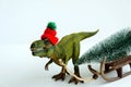 Merry Christmas - funny toy t-rex dinosaur pull the sleigh with the Christmas tree on it.
