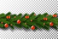 Merry Christmas garland isolated white transparent background. 3D border green branch, holiday frame hanging decor. Pine Royalty Free Stock Photo