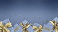 Merry christmas, gift box with golden ribbon bow isolated on blue sparkle background with stars, gift greeting card ticket top Royalty Free Stock Photo