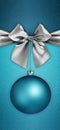 Merry christmas gift card with silver shiny ribbon bow and xmas blue ball on turquoise glittering background, copy space template Royalty Free Stock Photo