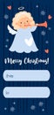 Merry Christmas gift card tag. Little cartoon angel girl with trumpet. Xmas vertical postcard. Vector illustration. Cute Royalty Free Stock Photo