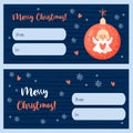 Merry Christmas gift cards tag. Christmas ball with angel girl. Xmas horizontal postcard. Vector illustration. Cute new Royalty Free Stock Photo