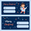 Merry Christmas gift cards tag. Little cartoon angel boy with heart. Xmas horizontal postcard. Vector illustration. Cute Royalty Free Stock Photo