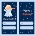 Merry Christmas gift cards tag. Little cartoon angel girl with trumpet. Xmas vertical postcards. Vector illustration Royalty Free Stock Photo