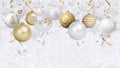 Merry Christmas gift greeting card, with decorated golden hanging balls, background with bright ribbons and glitter snowflakes on Royalty Free Stock Photo