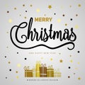 Merry Christmas gift poster. Christmas gold glittering with lettering design. Happy new year design card. Christmas box surprise