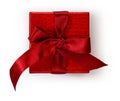 Merry christmas gift red box with ribbon bow, isolated on white background, top view and copy space template, layout useful for Royalty Free Stock Photo