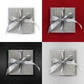 Set of gift silver box with ribbon bow, isolated on white, red and black background, top view and copy space template, layout usef