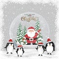 Merry Christmas gift snow globe with santa claus,  inside,penguinon playing on snow,Winter wonderland scenery with Glass snow ball Royalty Free Stock Photo