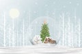 Merry Christmas gift snow globe with Xmas tree and house inside on snow floor in blue background,Winter wonderland landscape with Royalty Free Stock Photo